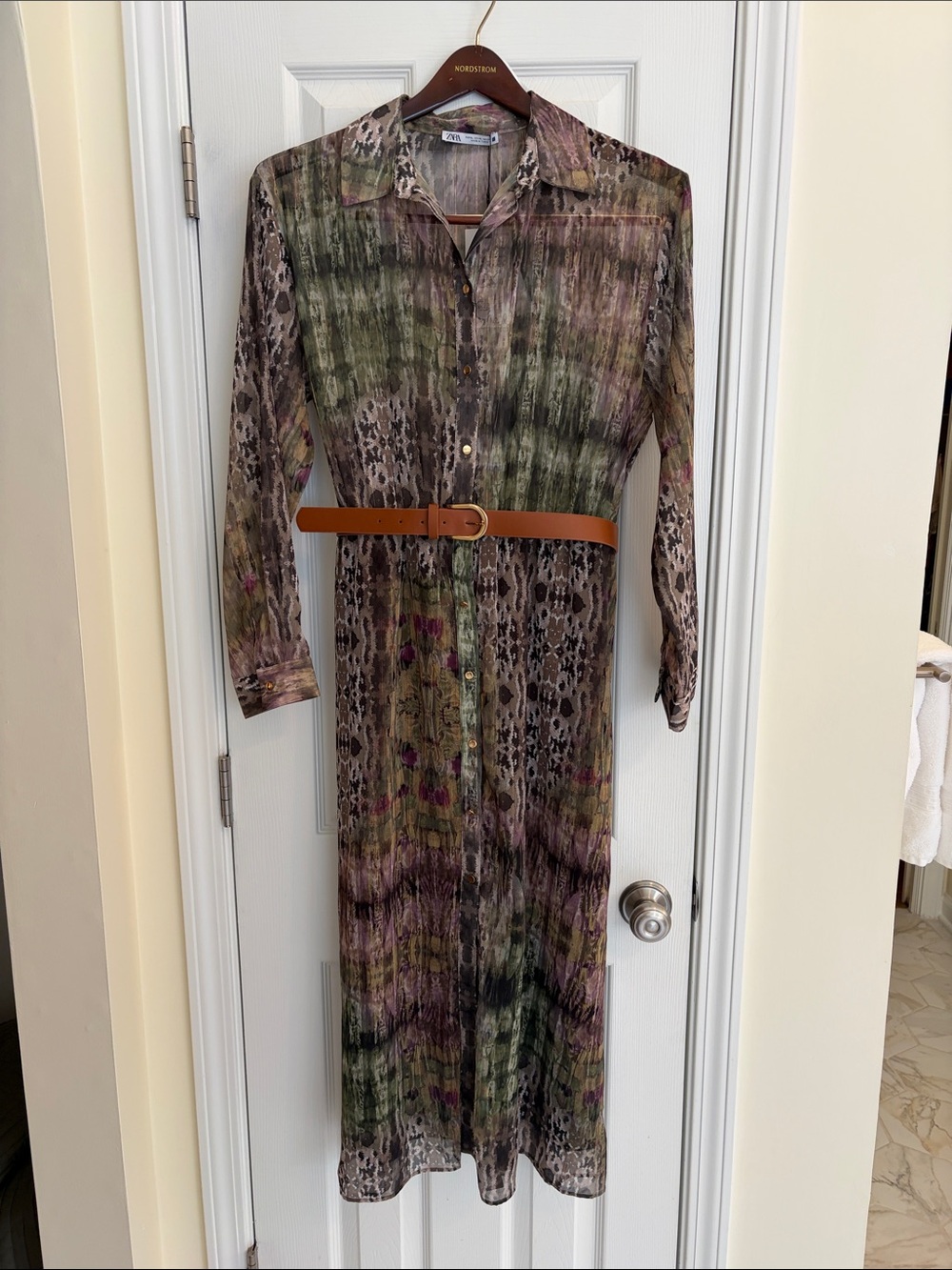 Zara Metallic-thread belted printed dress Size XL NWT